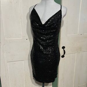 EC Celebrity Fashion Black Sequined Bodycon Mini Dress Sz Large Bombshell Party